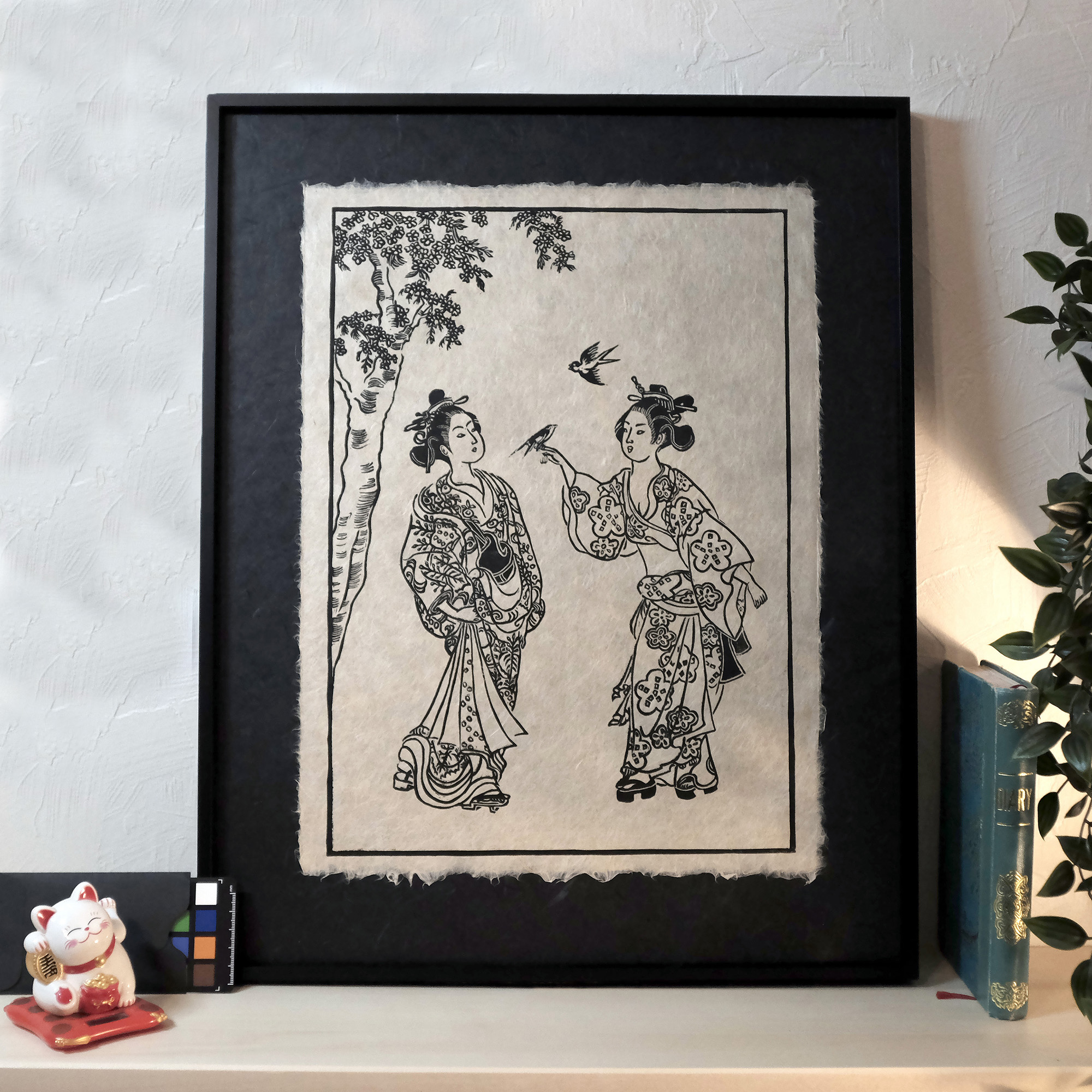 Linogravure les hirondelles, inspiration japonaise - papier Washi Awaji 