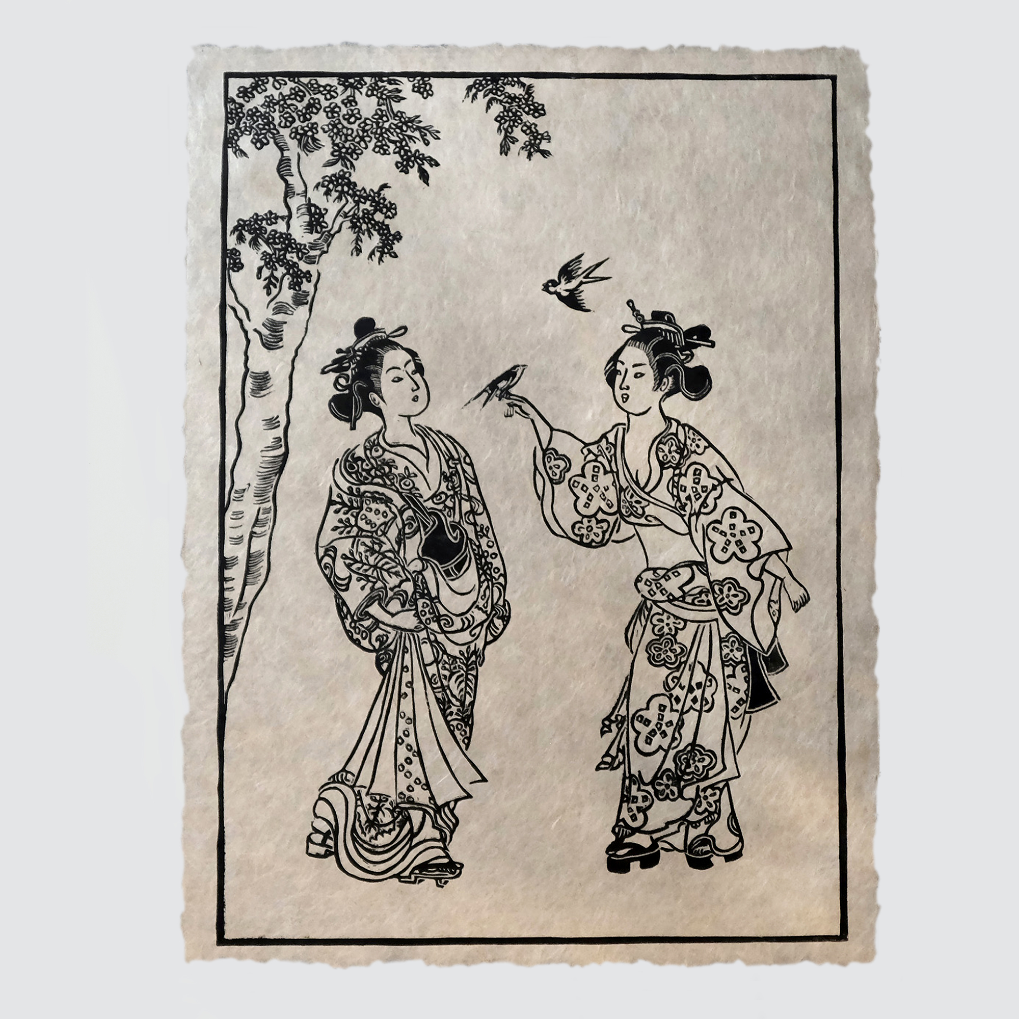 Linogravure les hirondelles, inspiration japonaise - papier Washi Awaji 