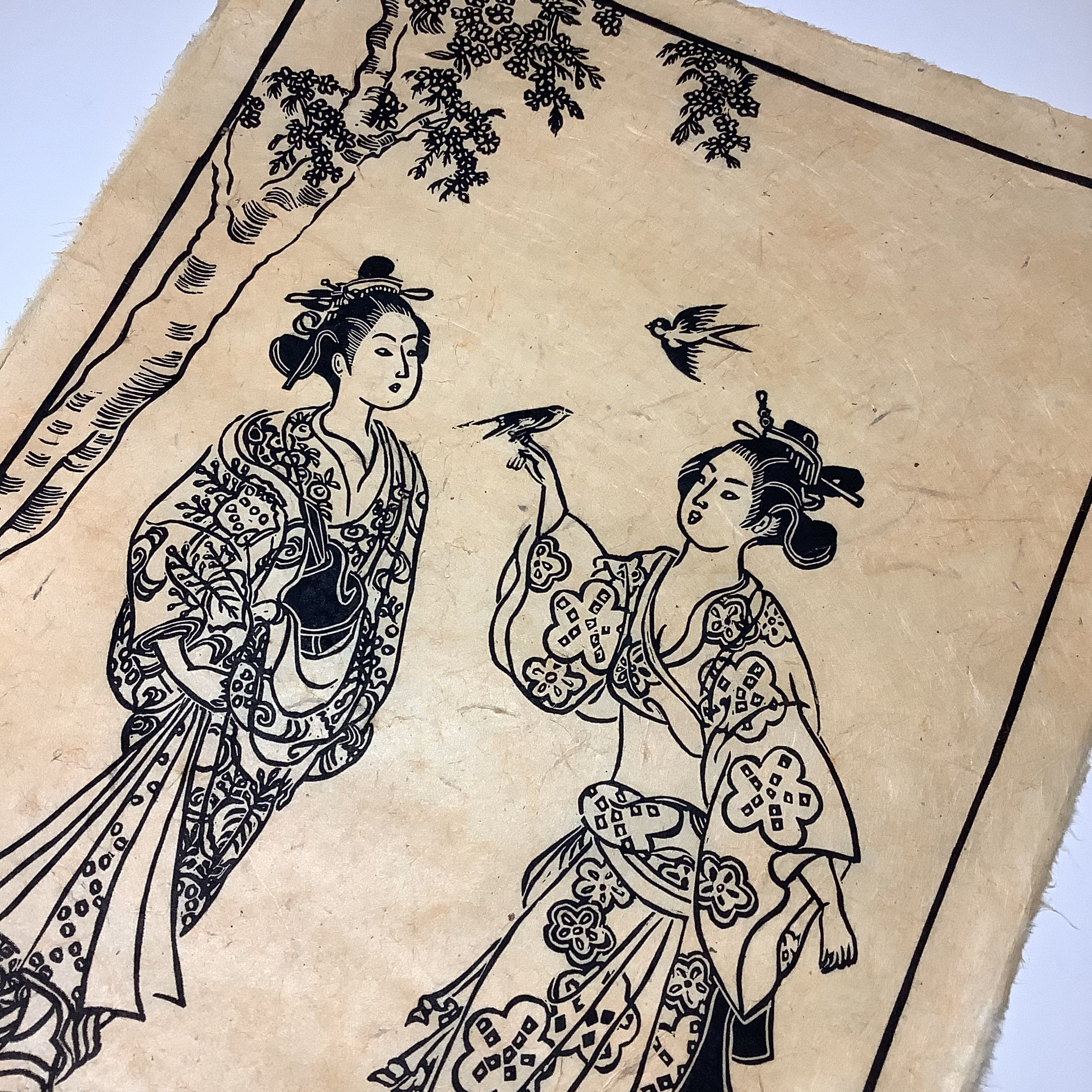 Linogravure les hirondelles, inspiration japonaise - papier népalais naturel