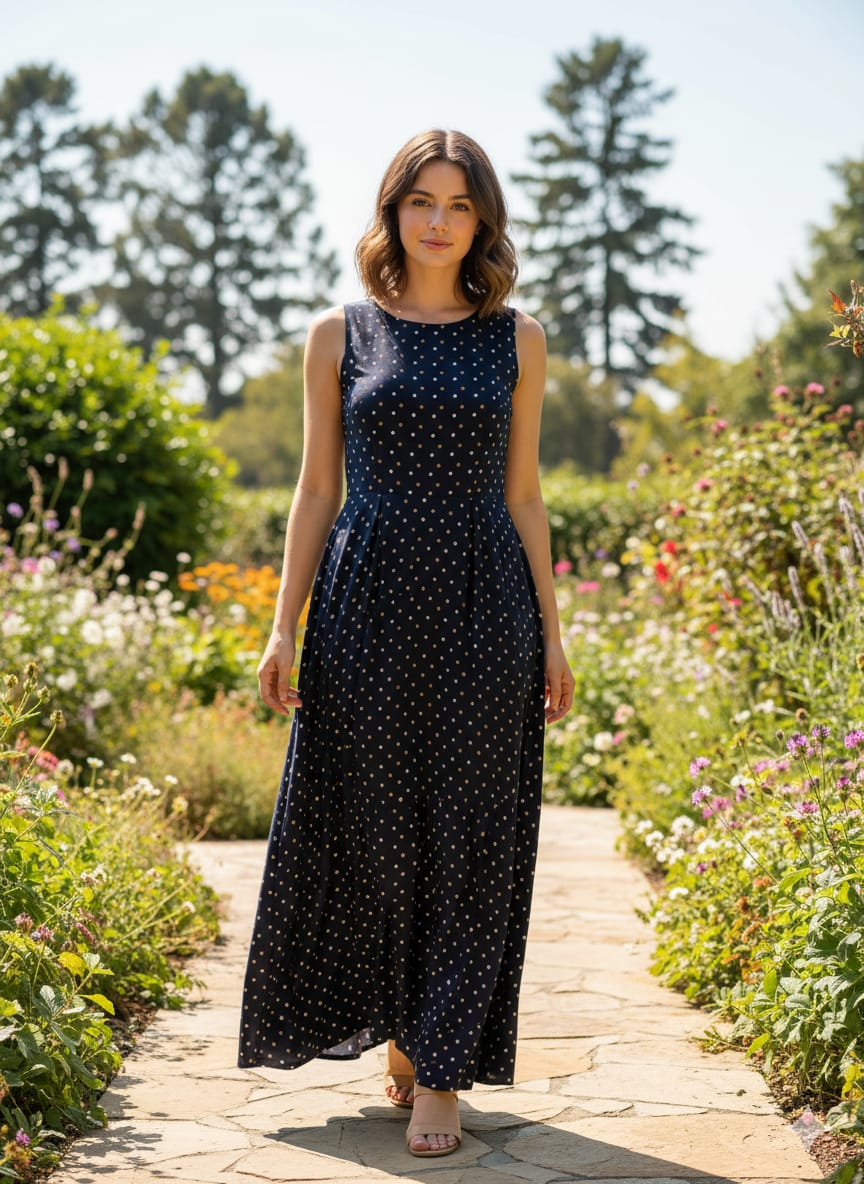 Navy Blue Polka Dot Maxi Dress