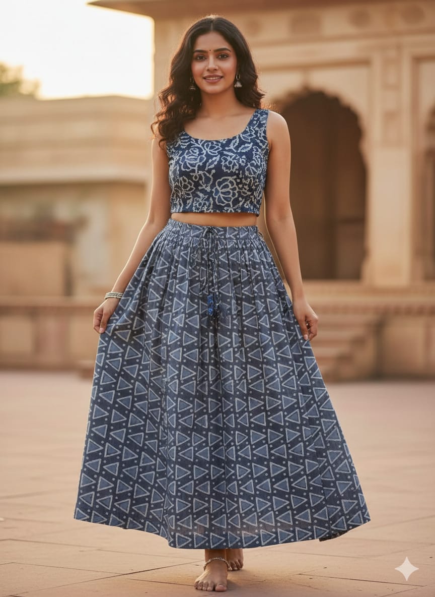 Indigo Printed Crop Top and Maxi Skirt Set