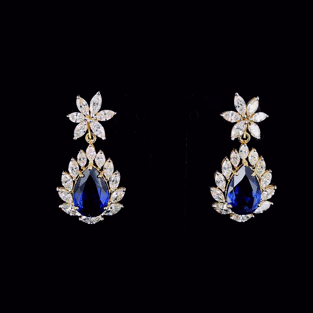 Elegant Blue Sapphire Drop Earrings in Gold and CVD