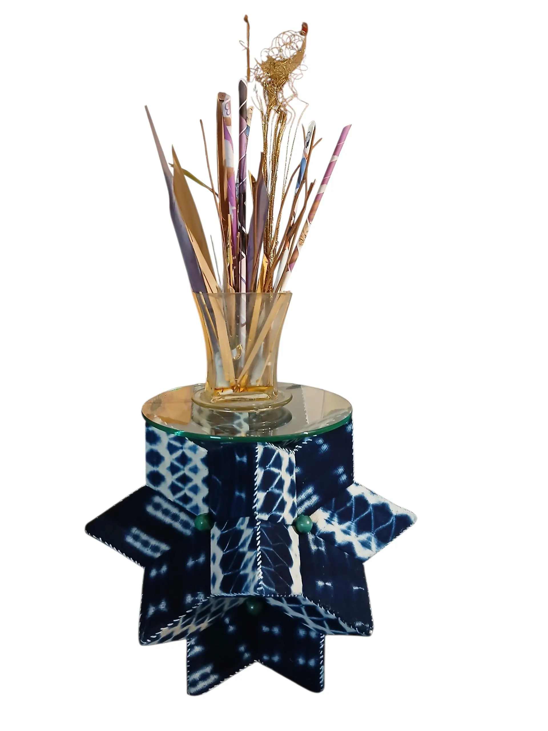 Indigo Pattern Side Table with a sleek glass surface