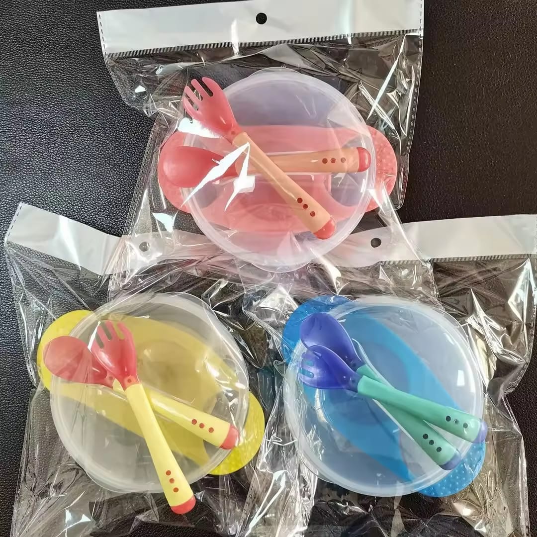 Baby Suction  Bowl Set Non-Slip and Anti -Fall Baby Bowl With Temperature Sensing Spoon