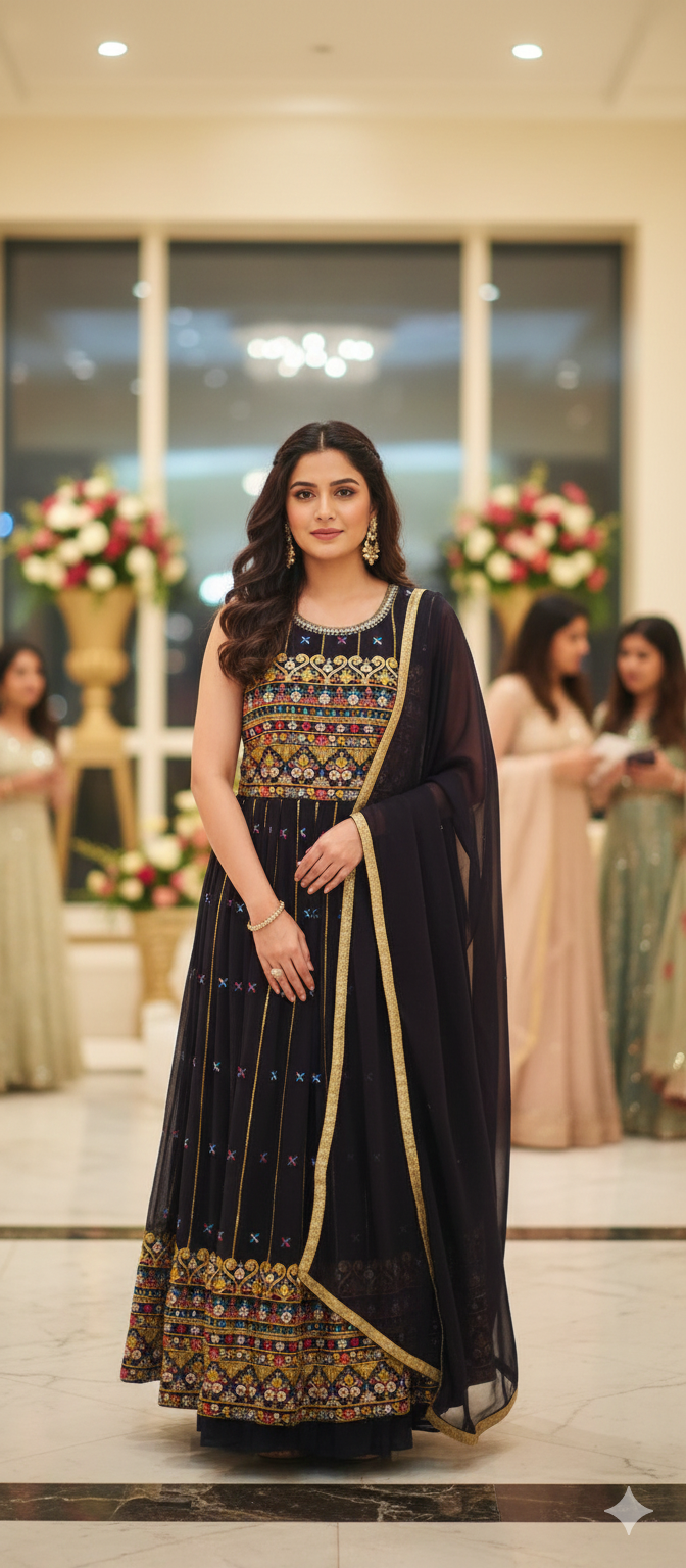 Embroidered Navy Blue Anarkali Dress-XXL