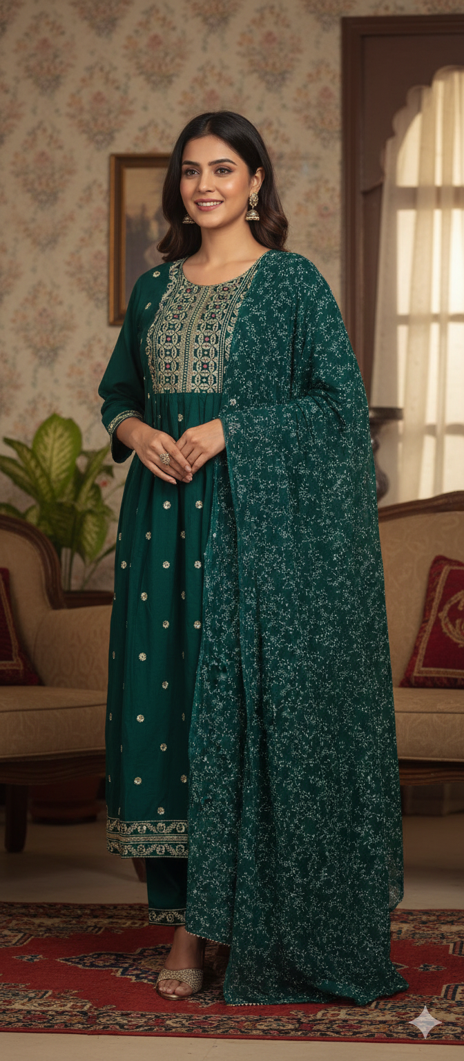 Embroidered Green Traditional Suit-XXL