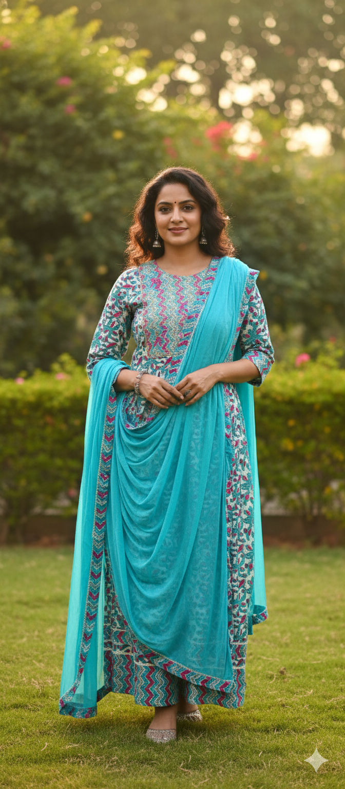 Turquoise Floral Anarkali Suit-XXL