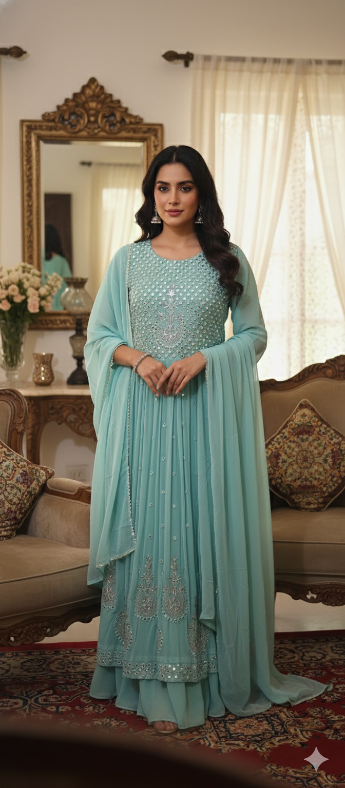 Elegant Mint Green Anarkali Dress-XXL