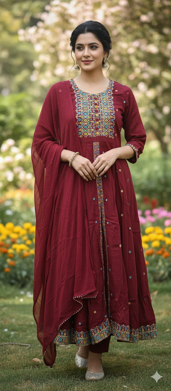Maroon Embroidered Cotton Suit-XXL
