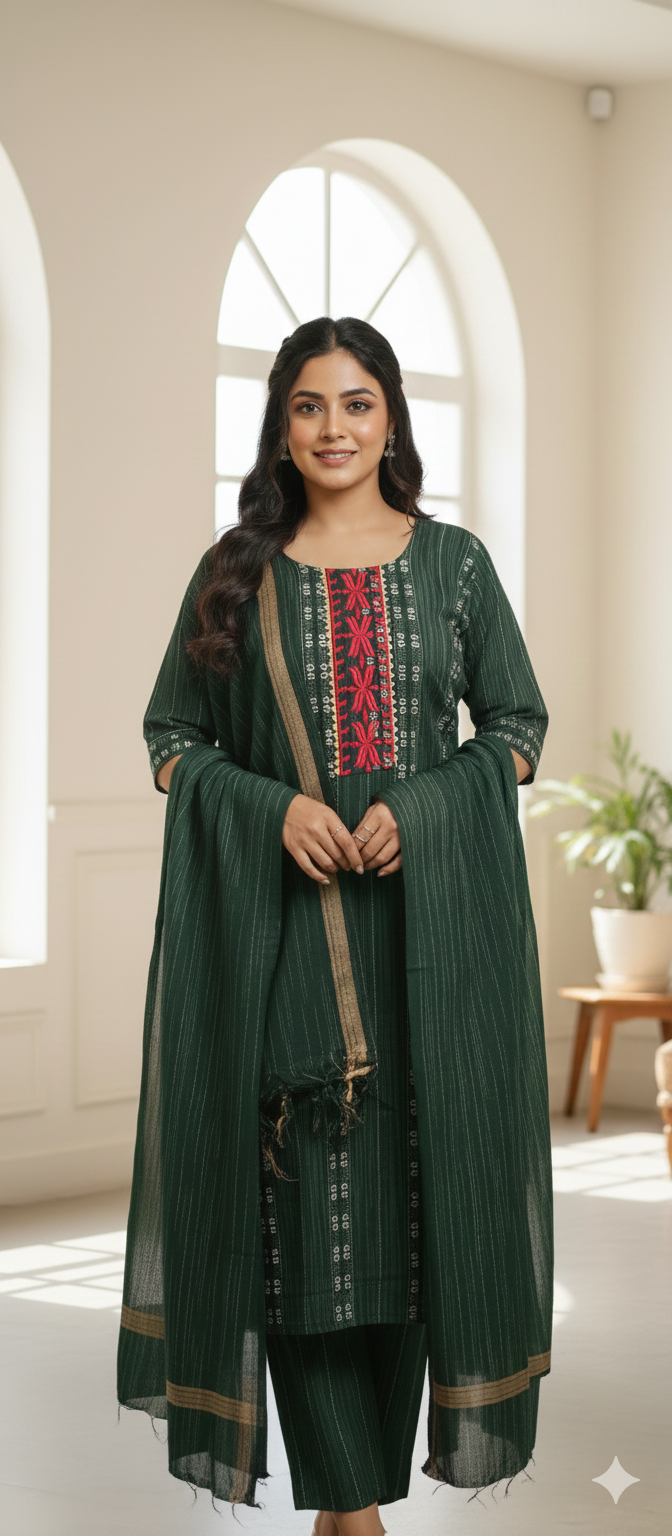 Dark Green Embroidered Three-Piece Suit-L