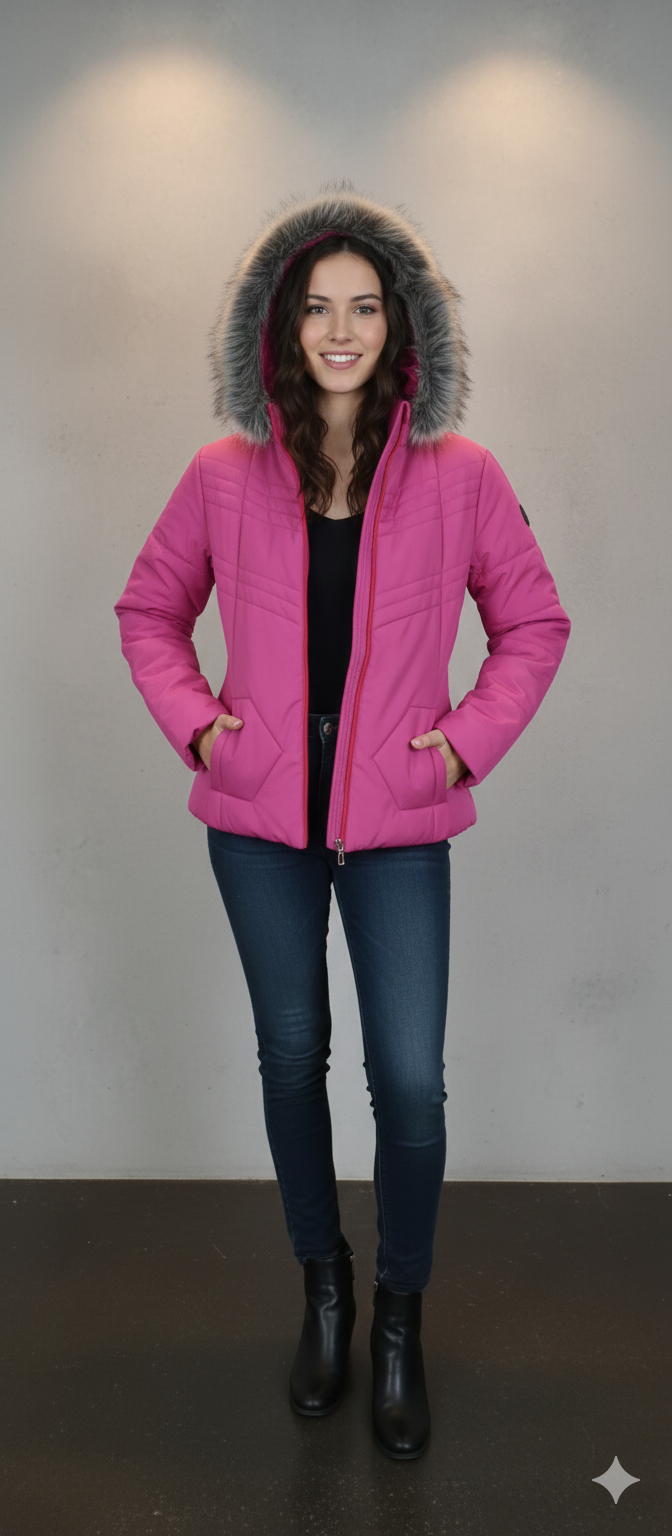Pink Hooded Winter Jacket-XL