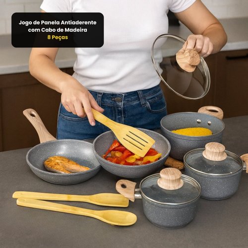 Jogo de Panela Antiaderente com Cabo de Madeira 8 Peças - Sortida