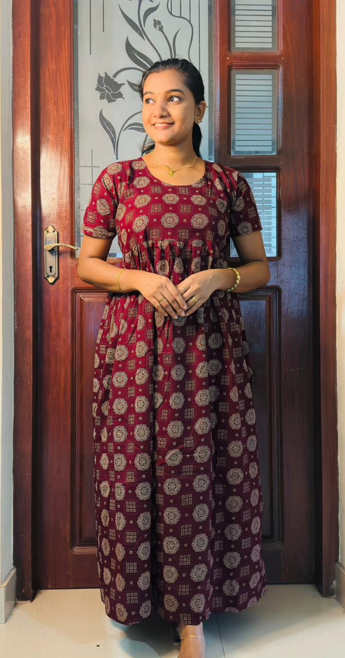 Maroon Printed Maxi Nighties