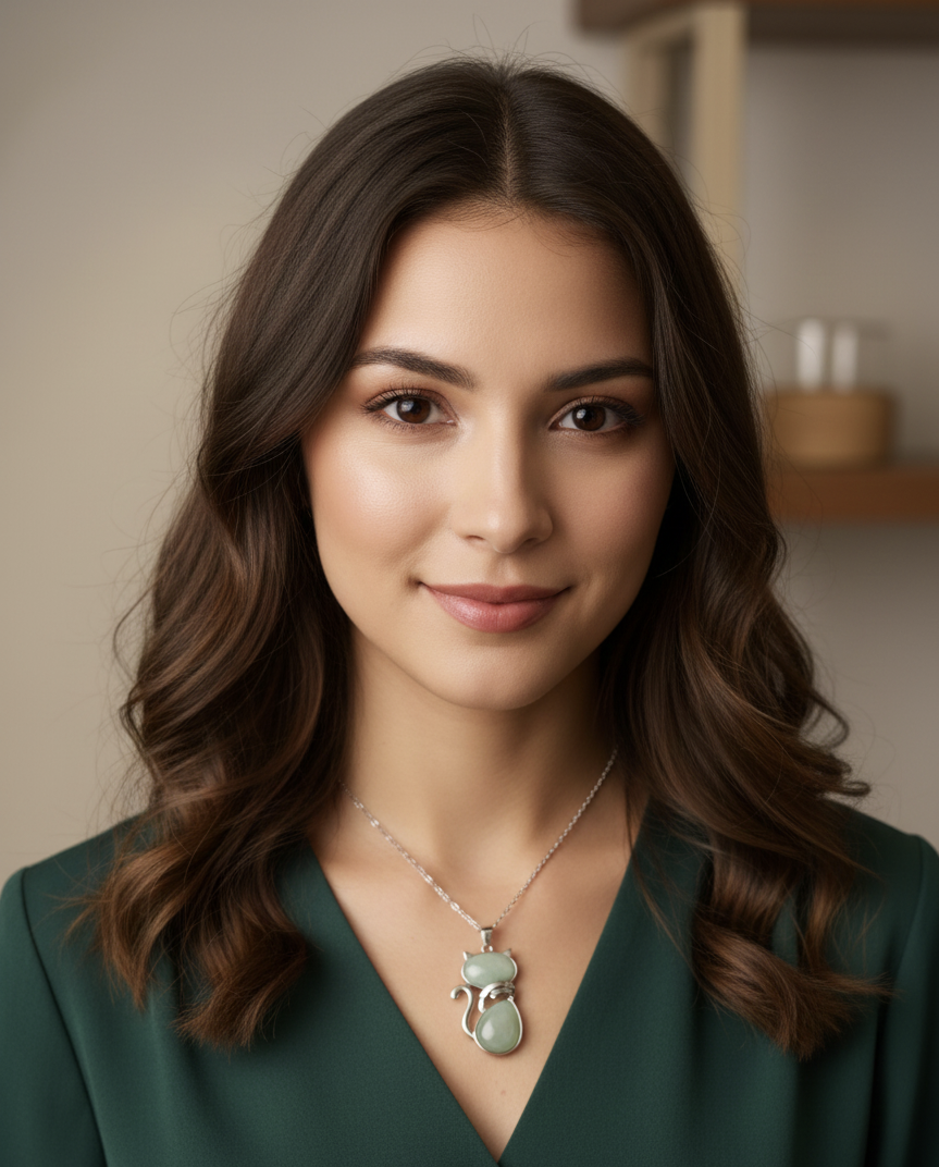 Collier pendentif chat en argenté et jade