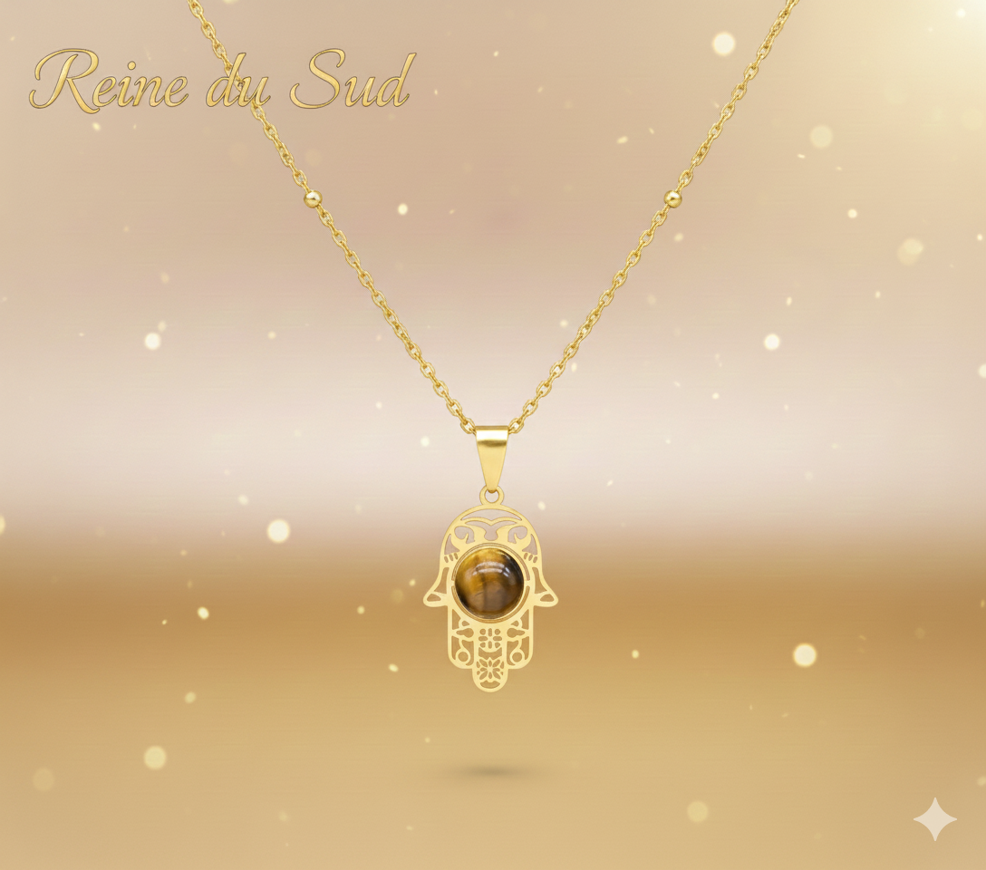 Collier pendentif main de Fatima œil du tigre 
