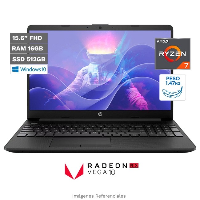 Laptop HP 15-GW0013LA, AMD Ryzen 7 3700U 2.3 GHz, RAM 16GB, SSD 512GB, LED 15.6" Full HD, Windows 10 Home