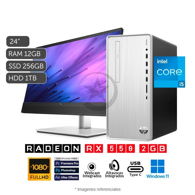Combo-PC HP Pavilion TP01-23C, Core i5-11400 2.6GHz, RAM 12GB, SSD 256GB + HDD 1TB, Video 2GB Radeon RX550, Wi-Fi, DVD, Windows 11 Home + Monitor 24'' Webcam y bocinas incorporadas