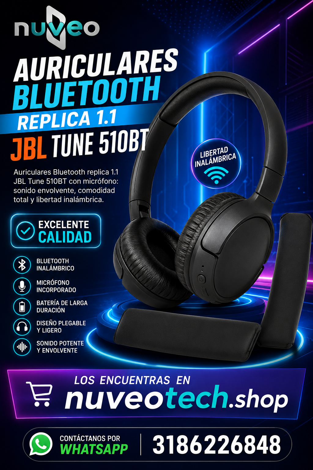 Auriculares Bluetooth Réplica 1.1 Tune 510BT con Micrófono