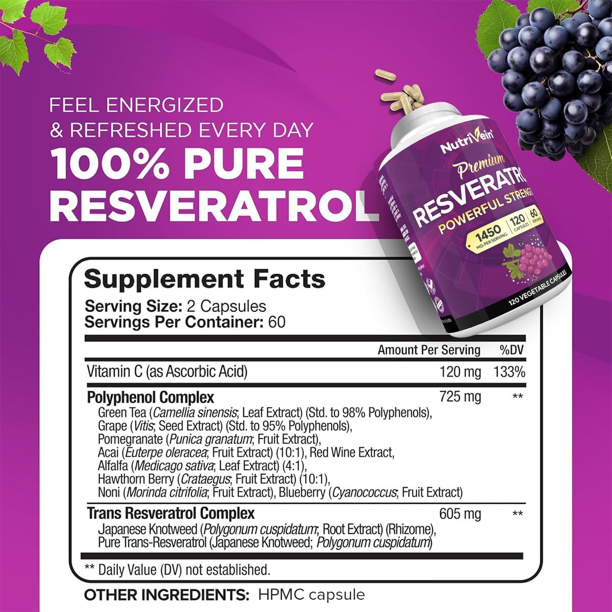Resveratrol+ Premium | 120 cápsulas Fórmula antioxidante avanzada con1450 mg
