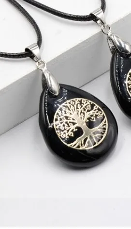Collier Pendentif en Obsidienne - Arbre de Vie