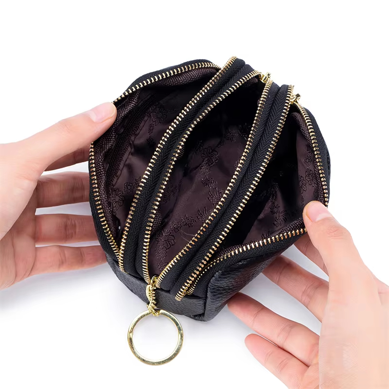 Triple Zipper Mini Leather Pouch