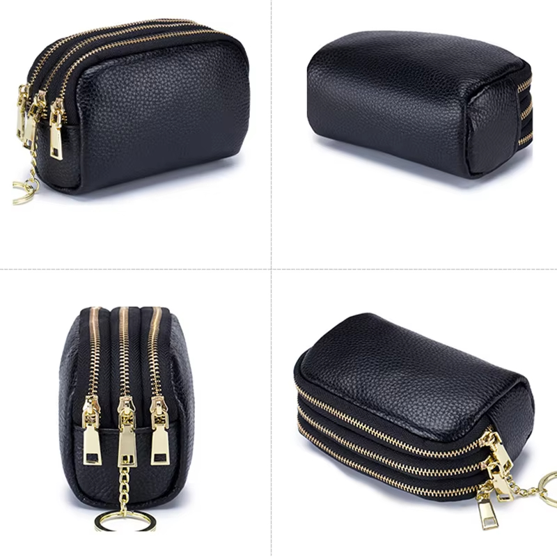 Triple Zipper Mini Leather Pouch