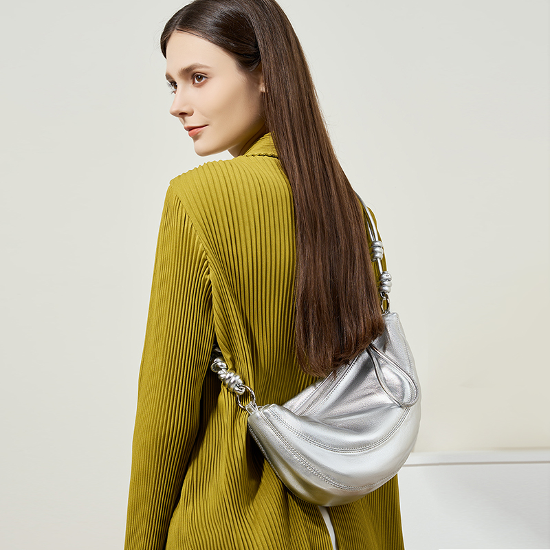 Metallic Silver Crescent Shoulder Bag