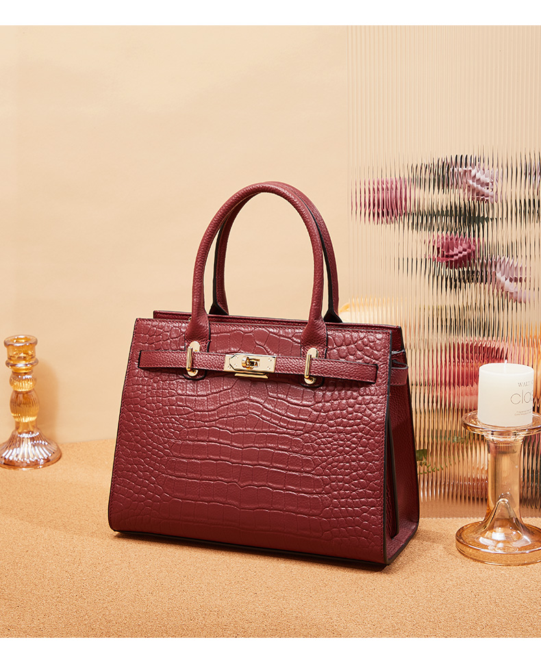 Burgundy Croc-Embossed Tote Bag