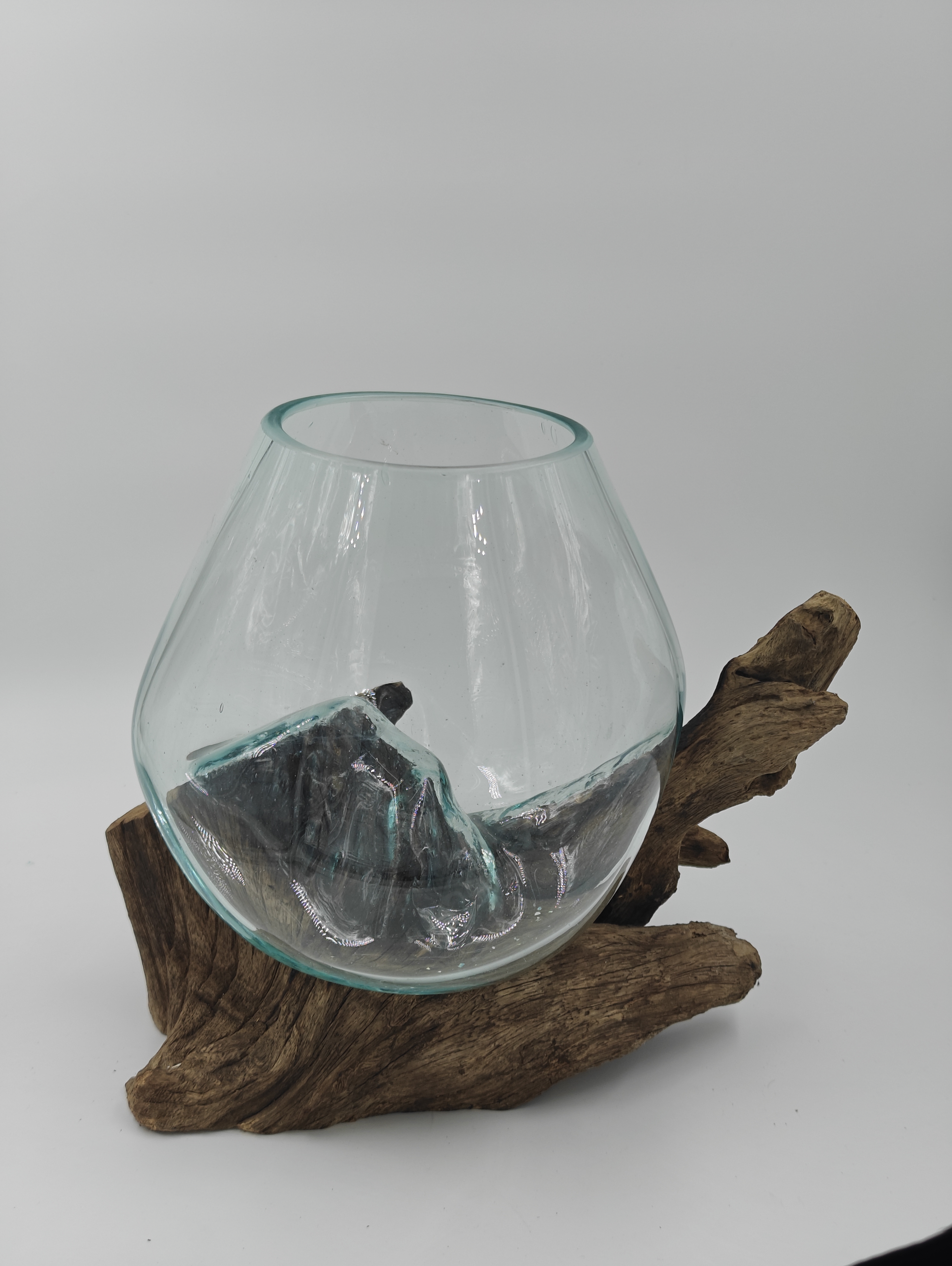 Hand-Blown Glass Terrarium on Natural Teak Wood Stand