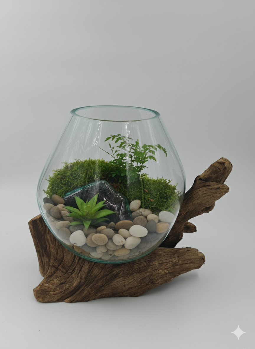 Hand-Blown Glass Terrarium on Natural Teak Wood Stand