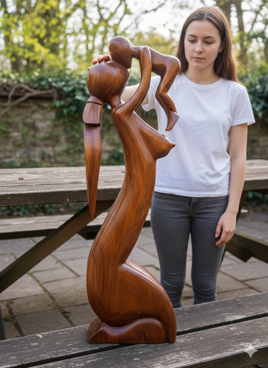 Hand-Carved Balinese Mother & Child Sculpture