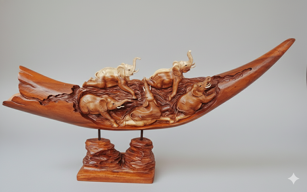 Magnificent Hand-Carved Balinese Elephant Tusk Sculpture
