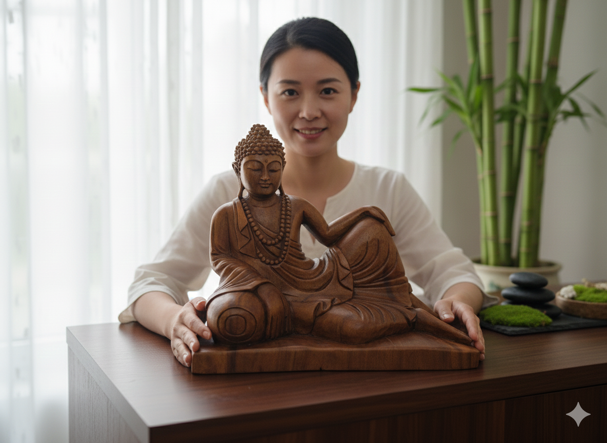 Hand-Carved Tranquility: 40 cm Balinese Saur Wood Buddha