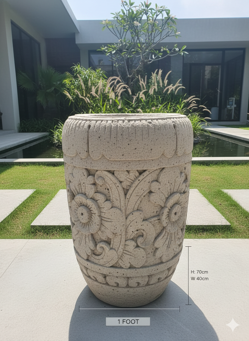 Bali-Imported Hand-Carved Stone Garden Pot