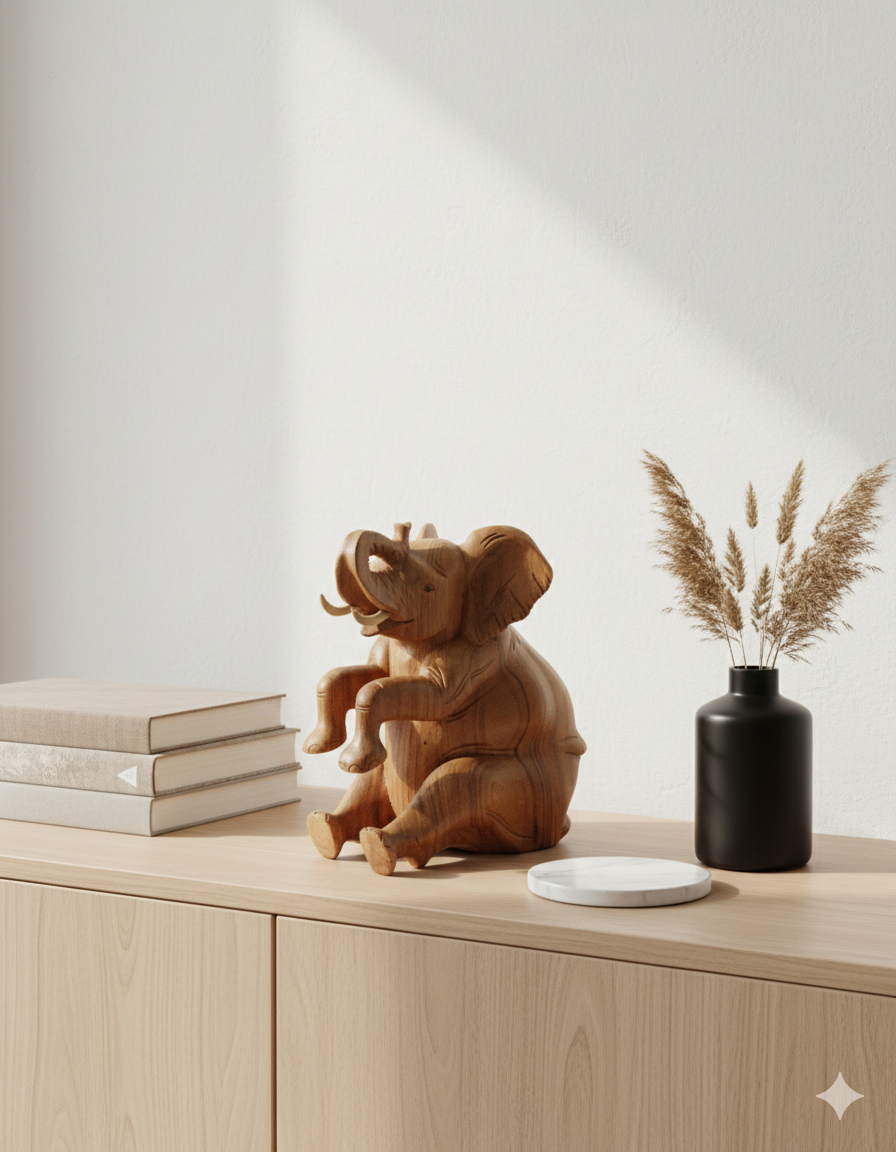 Hand-Carved Balinese Sitting Elephant Sculpture