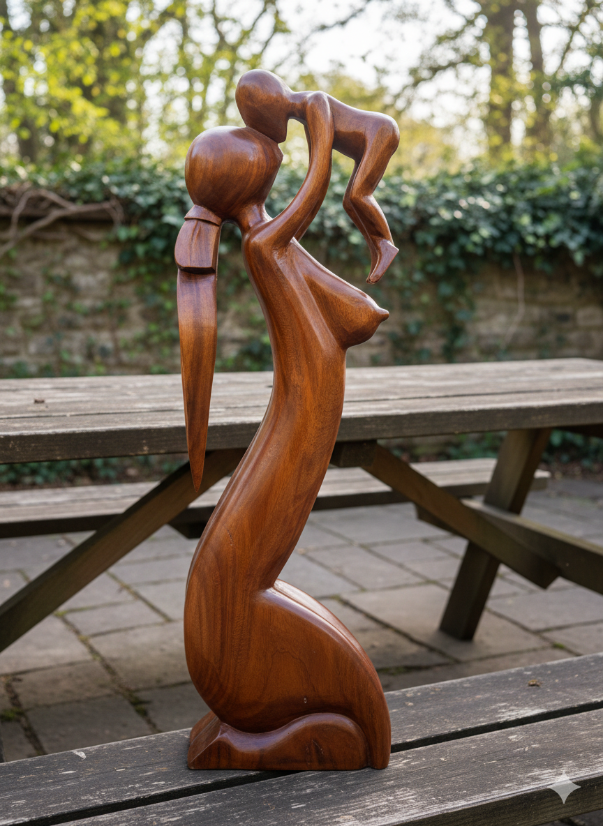 Hand-Carved Balinese Mother & Child Sculpture