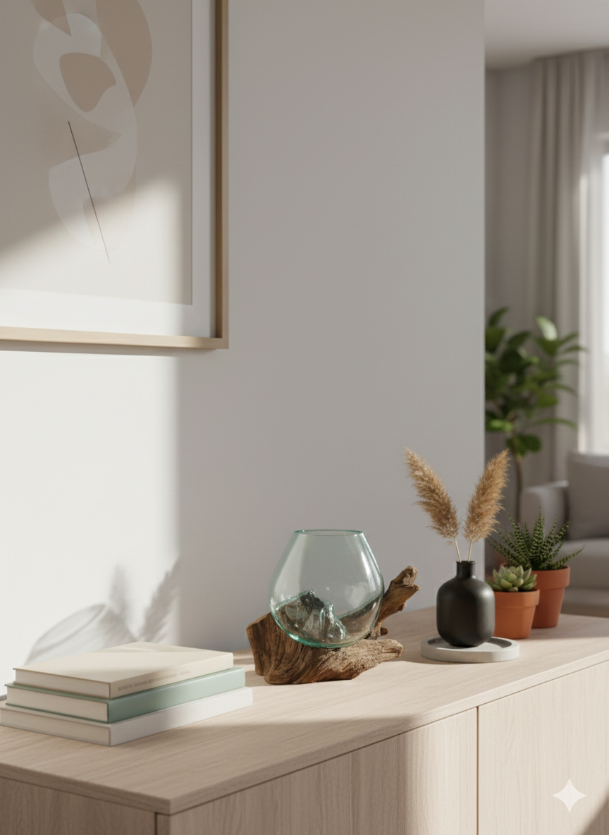 Hand-Blown Glass Terrarium on Natural Teak Wood Stand