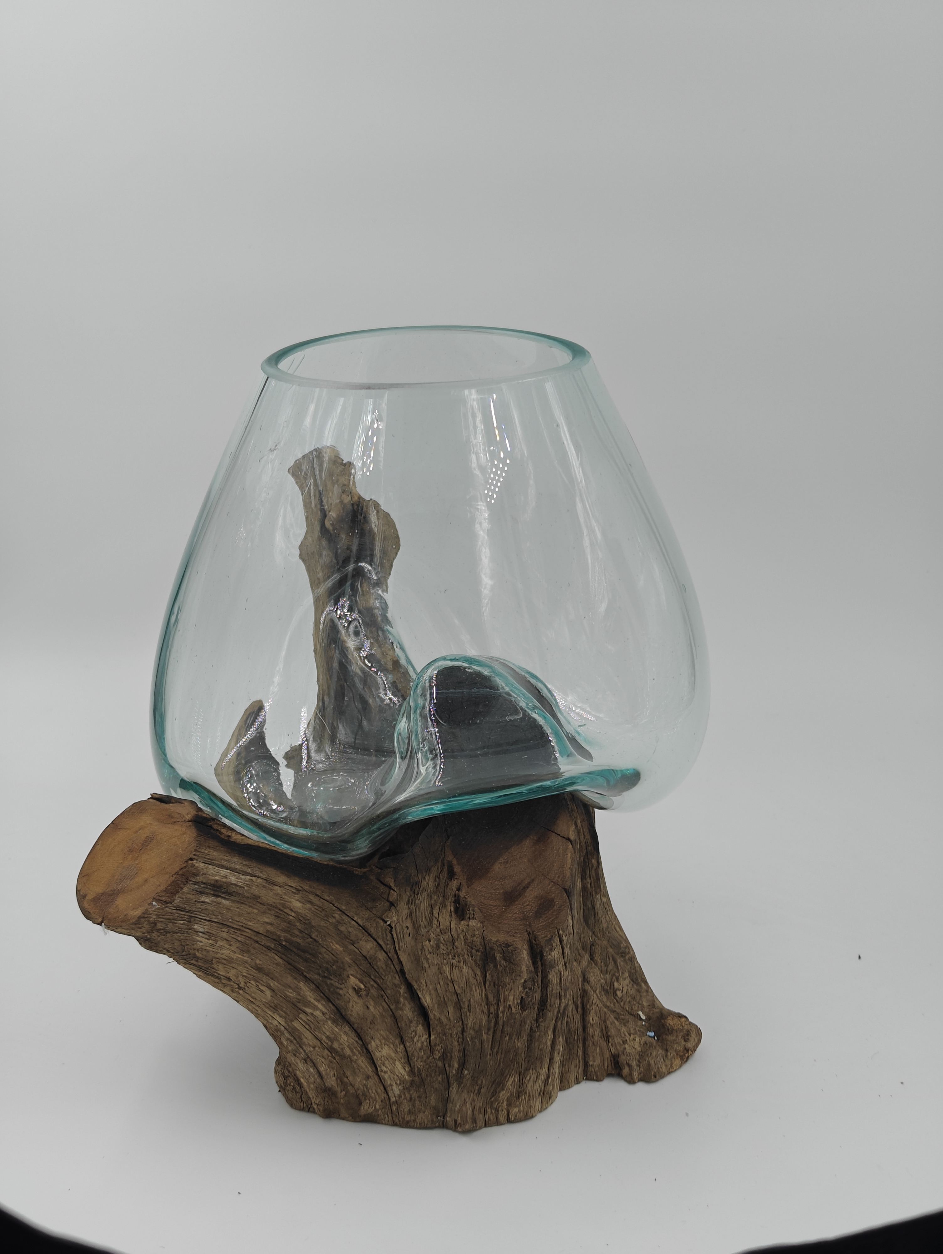 Hand-Blown Glass Terrarium on Natural Teak Wood Stand