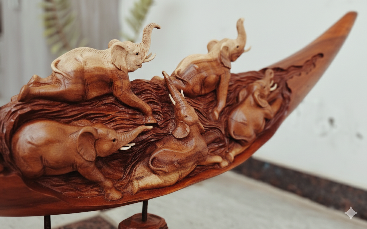 Magnificent Hand-Carved Balinese Elephant Tusk Sculpture