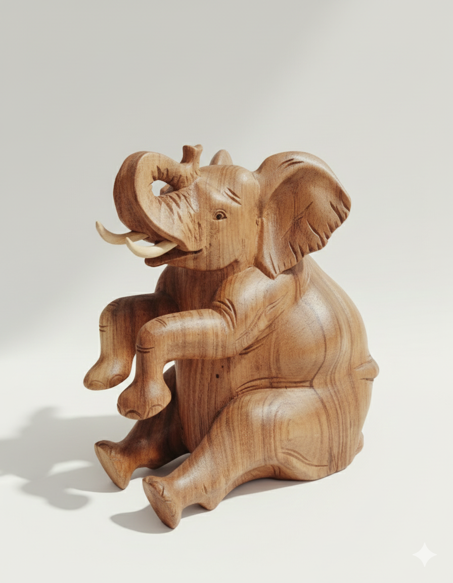 Hand-Carved Balinese Sitting Elephant Sculpture