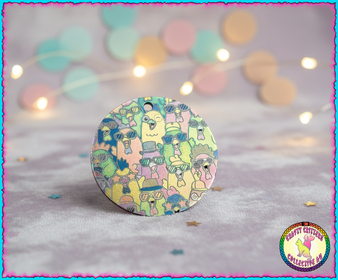 Chicken Choir, a fun 30cm stainless steel colourful laser marked pendant and necklace.  