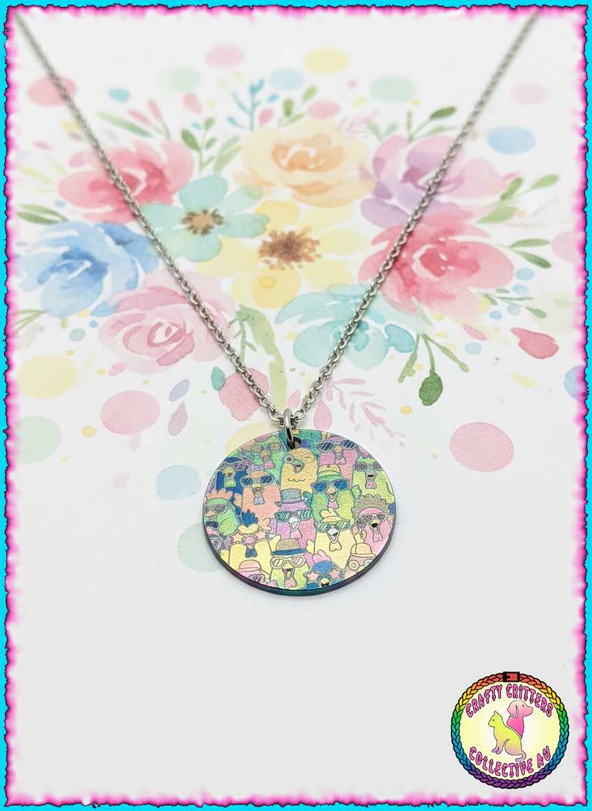 Chicken Choir, a fun 30cm stainless steel colourful laser marked pendant and necklace.