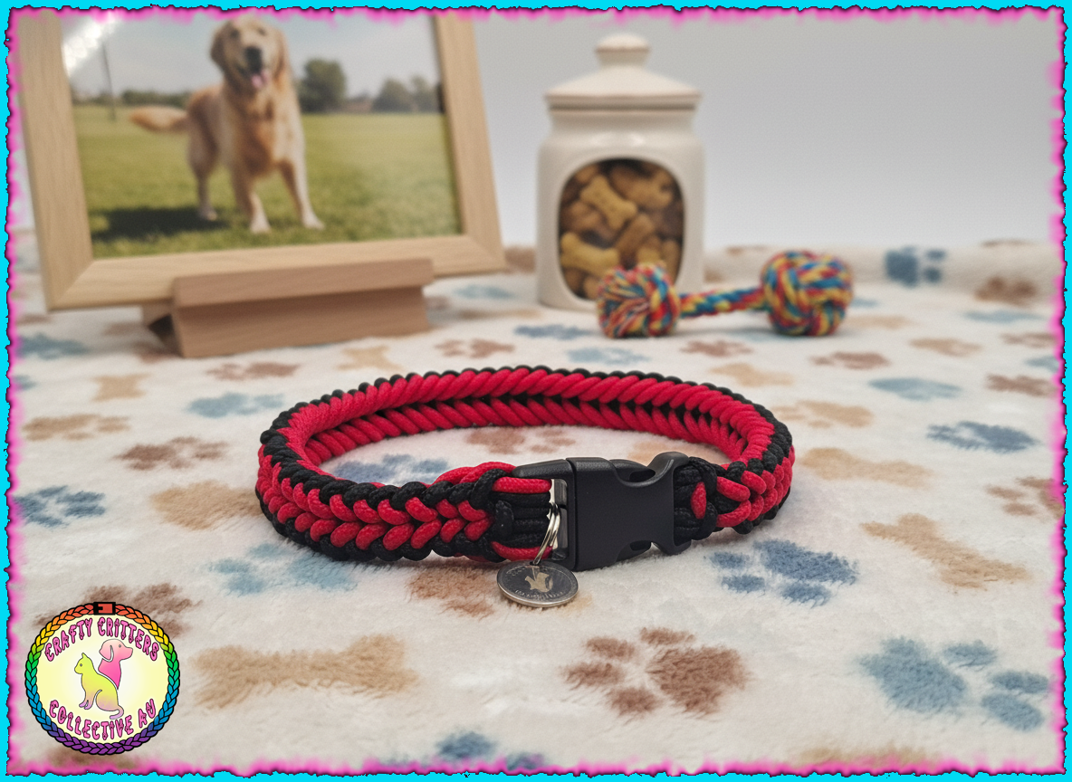 "Red Viper", black and red Sanctified Knot paracord pet collar with plastic clip.