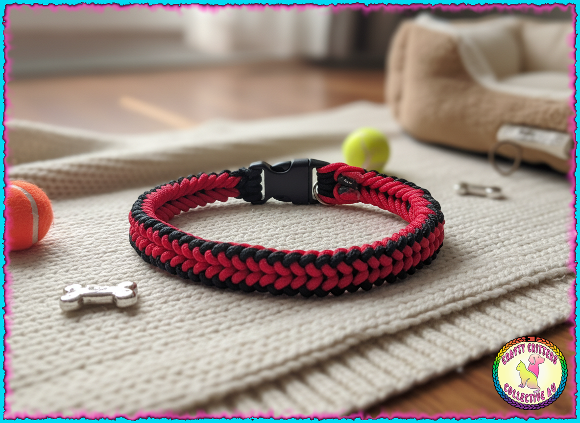 "Red Viper", black and red Sanctified Knot paracord pet collar with plastic clip.