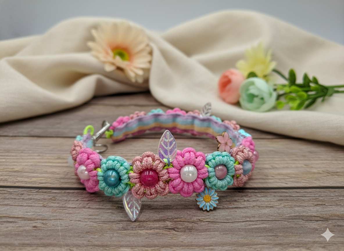 🌸 Pink Mint Meadow – Handmade Floral Paracord Pet Collar 🌸