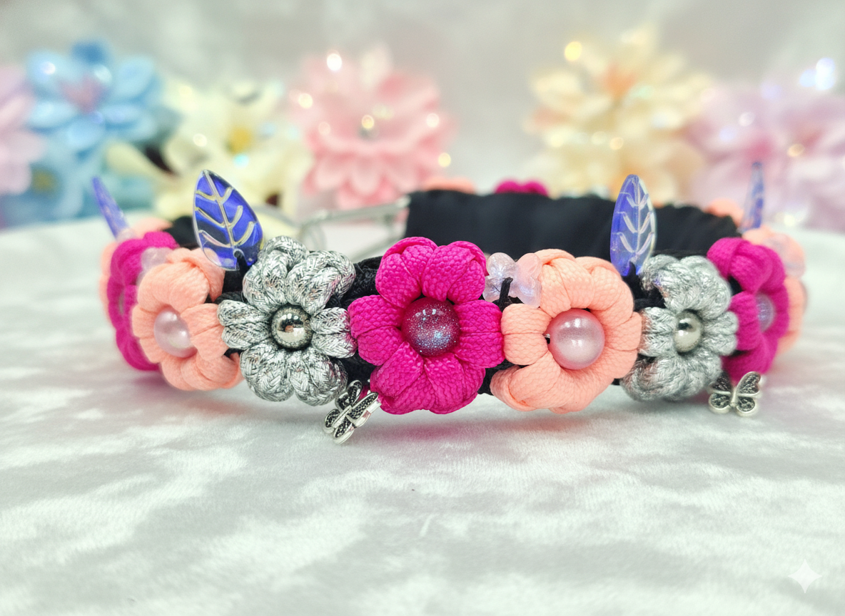🌸 Magenta Disco-Floral Pet Collar with glow in the dark.