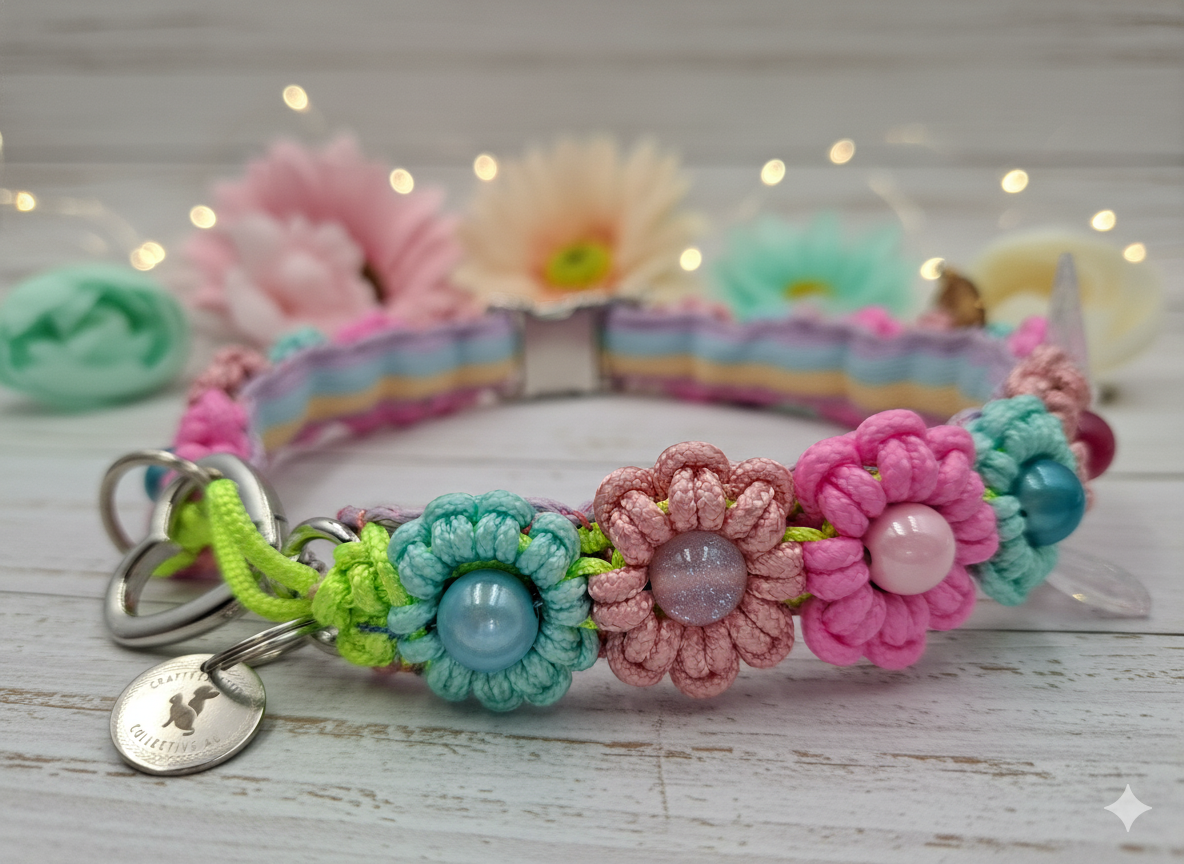 🌸 Pink Mint Meadow – Handmade Floral Paracord Pet Collar 🌸