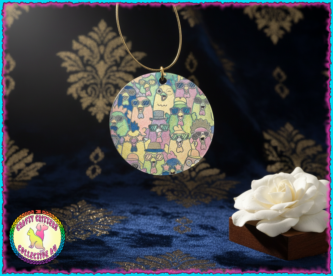 Chicken Choir, a fun 30cm stainless steel colourful laser marked pendant and necklace.  