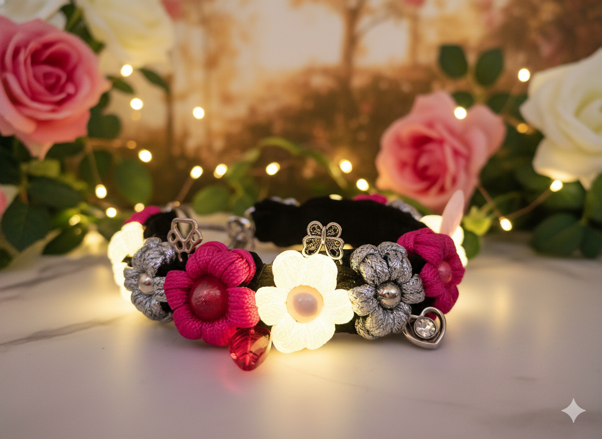 🌸 Magenta Disco-Floral Pet Collar with glow in the dark.