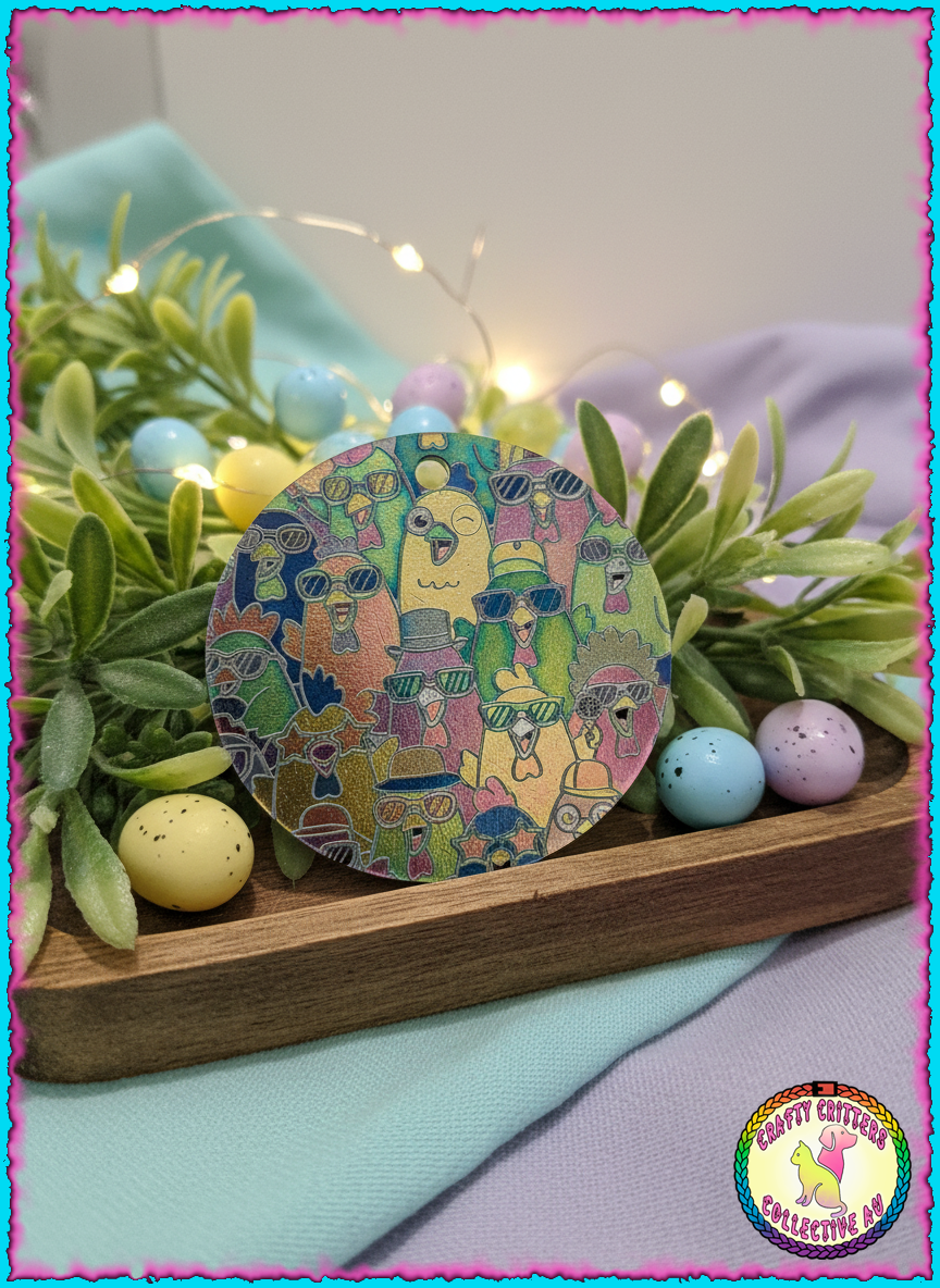 Chicken Choir, a fun 30cm stainless steel colourful laser marked pendant and necklace.  